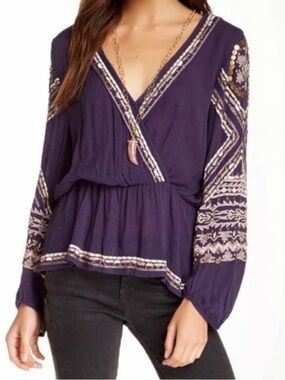 Free People Deep Plum Embroidered Wrap Blouse